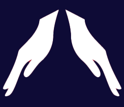logo with dark blue background showing a white pair of hands pointing down