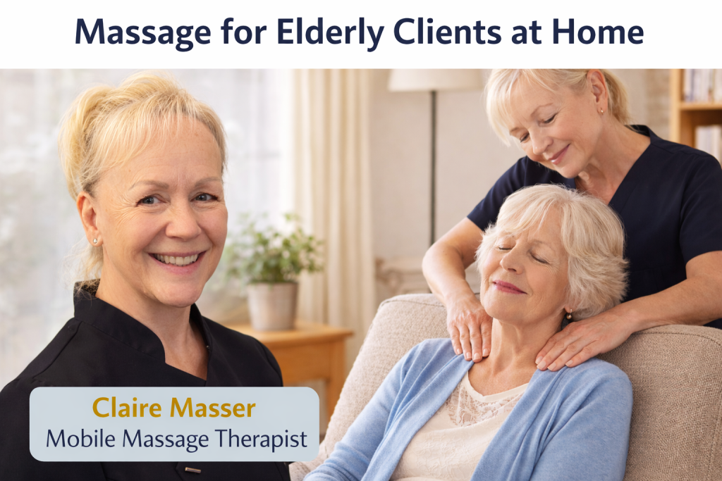 Mobile massage therapist providing gentle chair massage for an elderly woman at home in Christchurch Dorset