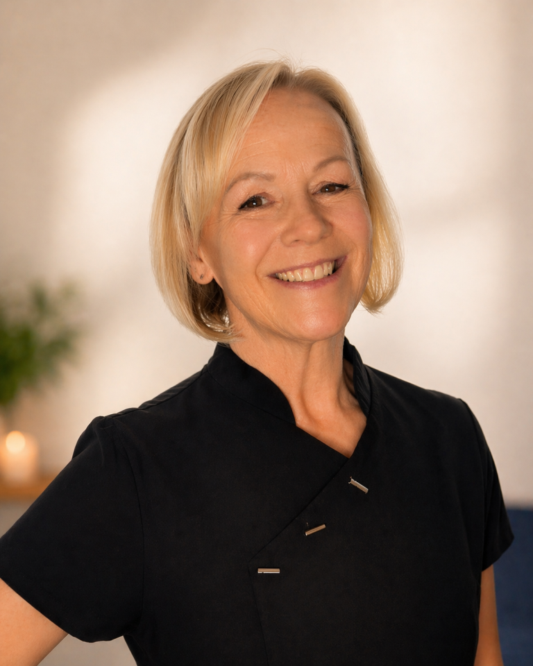 Head and should photo of a blonde woman smiling, wearing a black massage tunic
